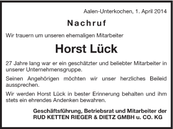 Traueranzeige von Horst Lück von Schwäbische Post
