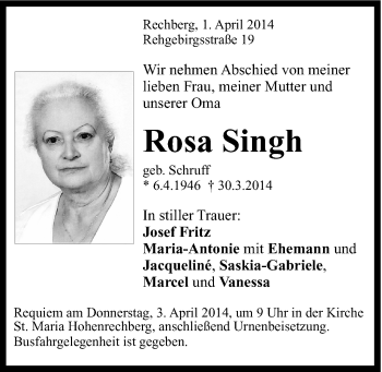 Traueranzeige von Rosa Singh von Gmünder Tagespost