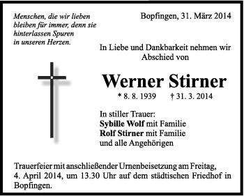 Traueranzeige von Werner Stirner von Schwäbische Post
