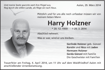 Traueranzeige von Harry Holzner von Schwäbische Post