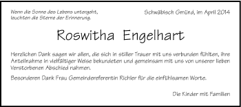 Traueranzeige von Roswitha Engelhart von Gmünder Tagespost