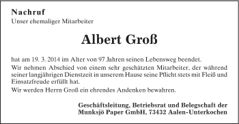 Traueranzeige von Albert Groß von Schwäbische Post