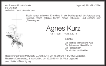 Traueranzeige von Agnes Kurz von Schwäbische Post