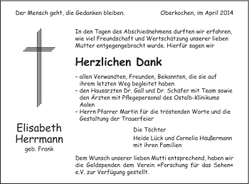 Traueranzeige von Elisabeth Herrmann von Schwäbische Post