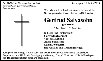 Traueranzeige von Gertrud Salvasohn von Schwäbische Post