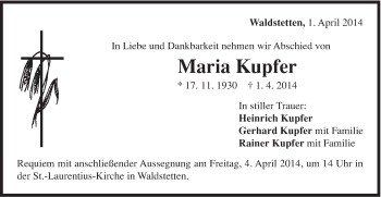 Traueranzeige von Maria Kupfer von Gmünder Tagespost