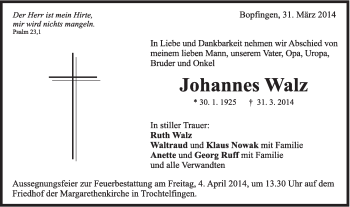 Traueranzeige von Johannes Walz von Schwäbische Post