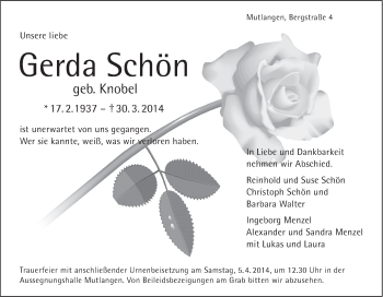 Traueranzeige von Gerda Schön von Gmünder Tagespost