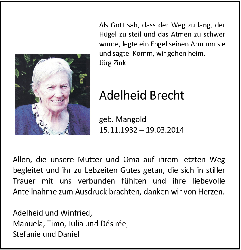  Traueranzeige für Adelheid Brecht vom 05.04.2014 aus Gmünder Tagespost