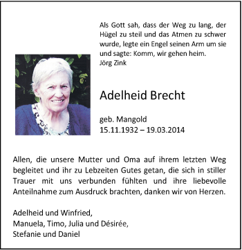 Traueranzeige von Adelheid Brecht von Gmünder Tagespost
