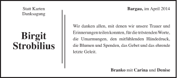Traueranzeige von Birgit Strobilius von Gmünder Tagespost