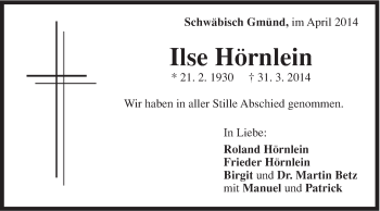 Traueranzeige von Ilse Hörnlein von Gmünder Tagespost