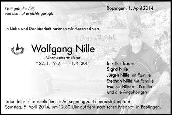 Traueranzeige von Wolfgang Nille von Schwäbische Post