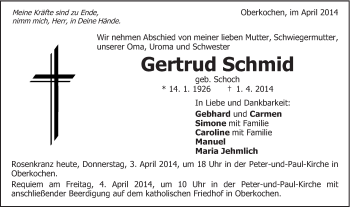 Traueranzeige von Gertrud Schmid von Schwäbische Post