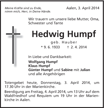 Traueranzeige von Hedwig Humpf von Schwäbische Post