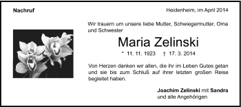 Traueranzeige von Maria Zelinski von Schwäbische Post