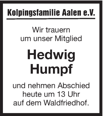 Traueranzeige von Hedwig Humpf von Schwäbische Post