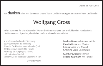 Traueranzeige von Wolfgang Gross von Schwäbische Post