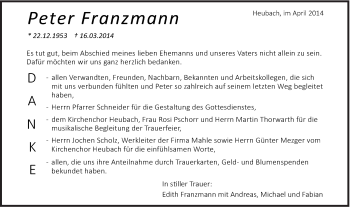 Traueranzeige von Peter Franzmann von Gmünder Tagespost