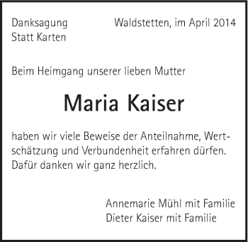 Traueranzeige von Maria Kaiser von Gmünder Tagespost