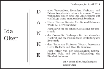 Traueranzeige von Ida Oker von Gmünder Tagespost