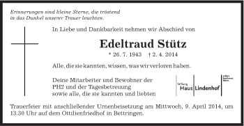 Traueranzeige von Edeltraud Stütz von Gmünder Tagespost