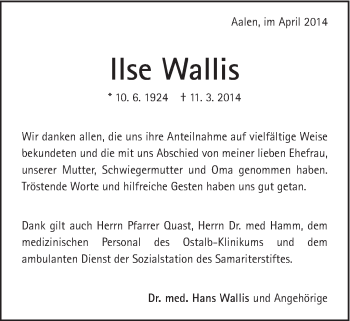 Traueranzeige von Ilse Wallis von Schwäbische Post