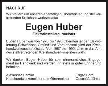 Traueranzeige von Eugen Huber von Gmünder Tagespost