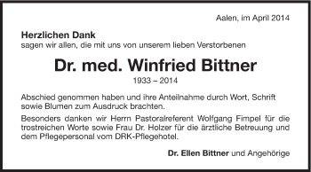 Traueranzeige von Winfried Bittner von Schwäbische Post