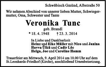 Traueranzeige von Veronika Tunc von Gmünder Tagespost
