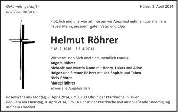 Traueranzeige von Helmut Röhrer von Schwäbische Post