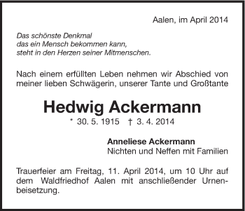 Traueranzeige von Hedwig Ackermann von Schwäbische Post