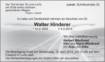 Traueranzeige von Walter Hinderer von Gmünder Tagespost