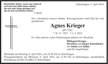 Traueranzeige von Agnes Krieger von Gmünder Tagespost