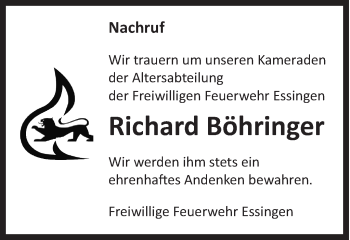 Traueranzeige von Richard Böhringer von Schwäbische Post