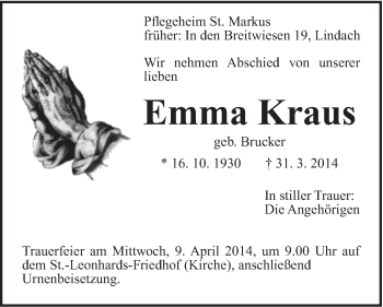 Traueranzeige von Emma Kraus von Gmünder Tagespost