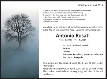 Traueranzeige von Antonio Rosati von Schwäbische Post