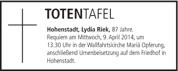Traueranzeige von Totentafel vom 07.04.2014 von Schwäbische Post