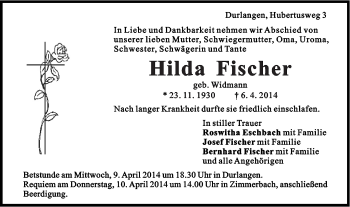 Traueranzeige von Hilda Fischer von Gmünder Tagespost