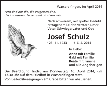 Traueranzeige von Josef Schulz von Schwäbische Post