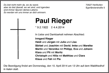 Traueranzeige von Paul Rieger von Gmünder Tagespost