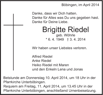 Traueranzeige von Brigitte Riedel von Gmünder Tagespost
