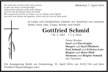 Traueranzeige von Gottfried Schmid von Schwäbische Post