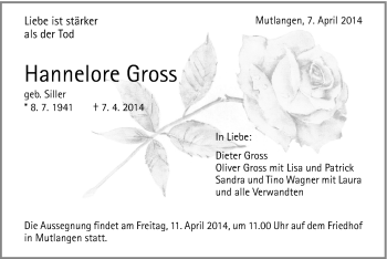 Traueranzeige von Hannelore Gross von Gmünder Tagespost