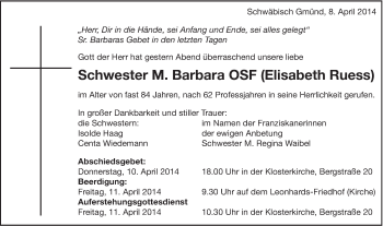 Traueranzeige von Elisabeth Ruess von Gmünder Tagespost