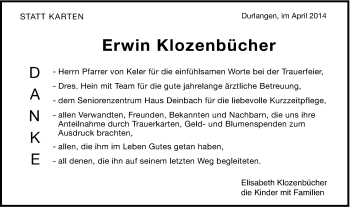 Traueranzeige von Erwin Klozenbücher von Gmünder Tagespost
