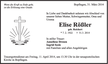 Traueranzeige von Elise Rößler von Schwäbische Post
