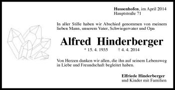 Traueranzeige von Alfred Hinderberger von OstalbTrauer
