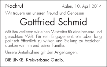 Traueranzeige von Gottfried Schmid von Schwäbische Post