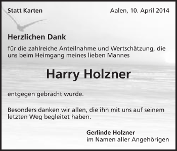 Traueranzeige von Harry Holzner von Schwäbische Post